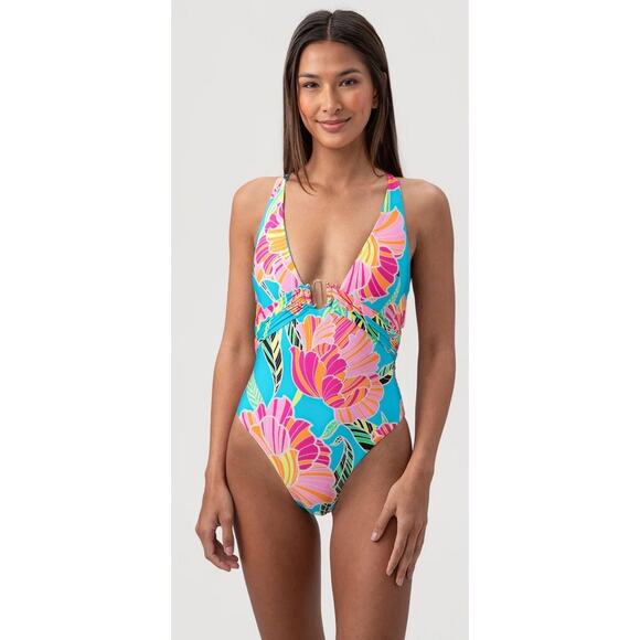 Trina Turk Poppy Blue Floral Print Plunge V-Neck One Piece Swimsuit Size 6 - Picture 2 of 12